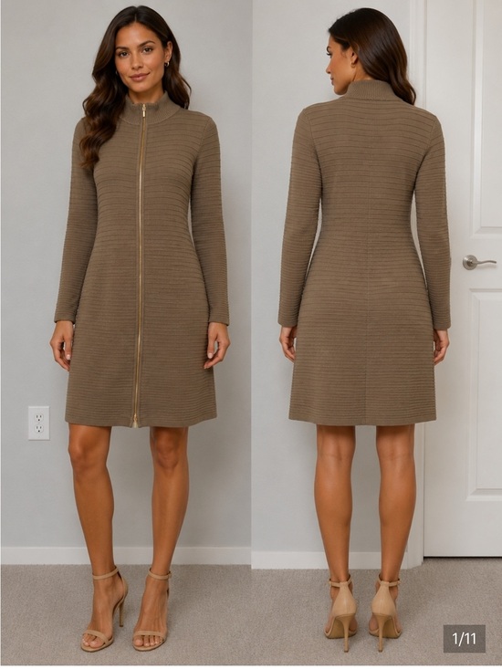 Calvin Klein Dresses & Skirts - Calvin Klein Taupe Brown Full Zip Ribbed Long Sleeved Sweater size Medium